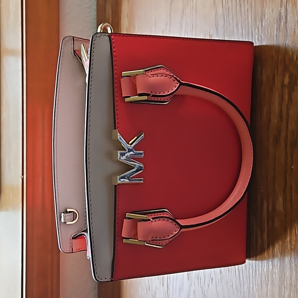 9 inch square beautiful Michael Kors Mott Messenger Crossbody Leather Bag Coral